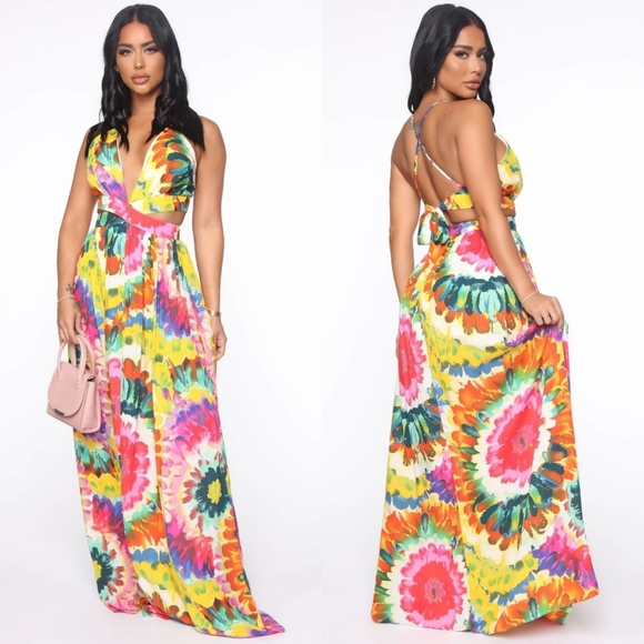 Fashion Nova Dresses & Skirts - NWT Fashion Nova Dipped In Water Color  Floral Maxi Dress Yellow Pink Size XL
